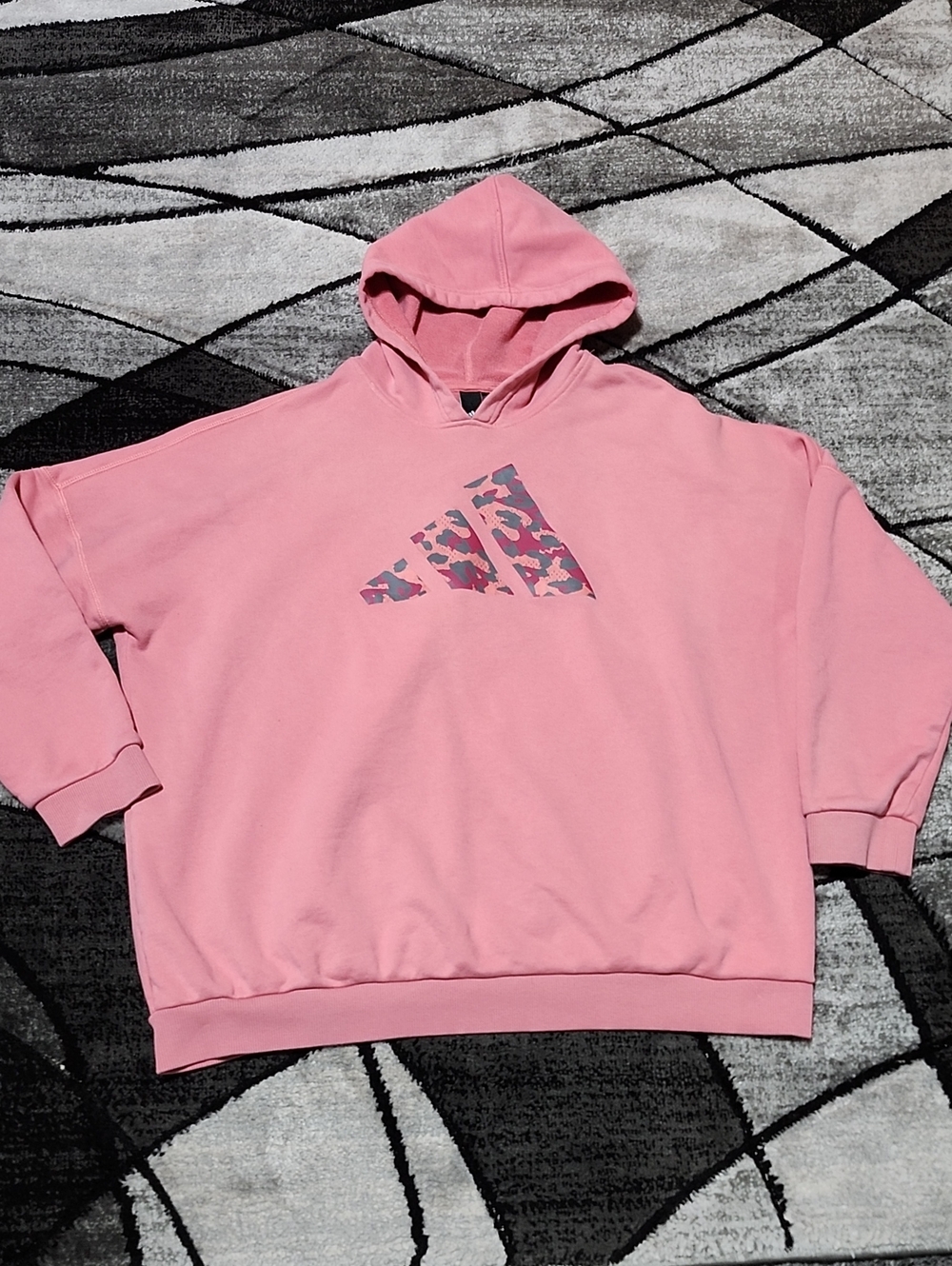 ADIDAS SPORTWEAR PINK OVERSIZED LEOPARD PRINT LOGO FRENCH TERRY HOODIE SWEATSHIR